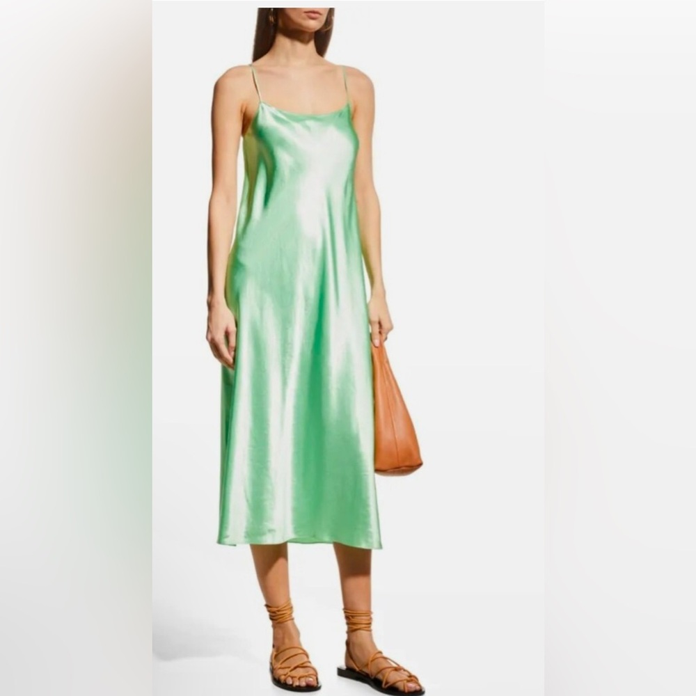 Vince Mint Green Scoop-Neck Flared-Hem Satin Midi Dress
